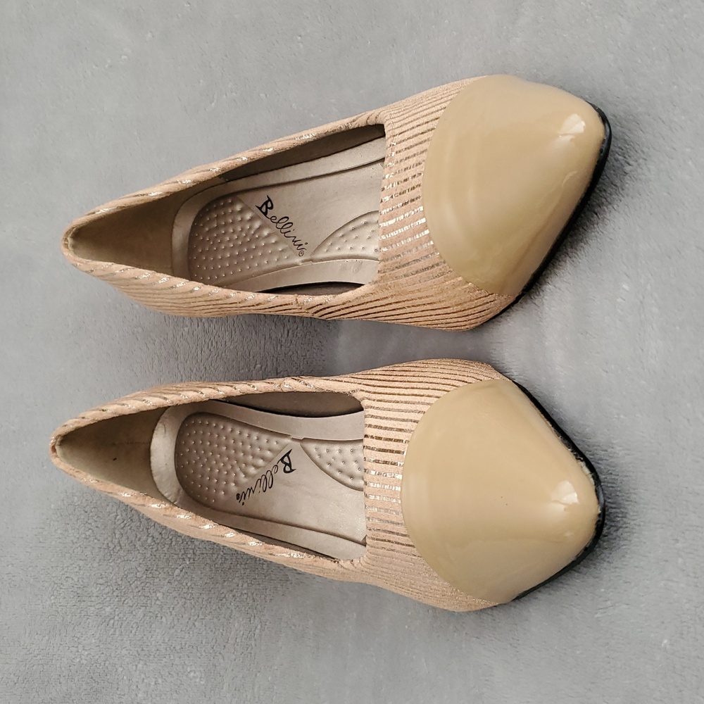 ๐๏ธ BELLINI Zesty Cord Tan Faux Leather Corduroy Gold Striped Pumps SIZE: 10W - Picture 6 of 14